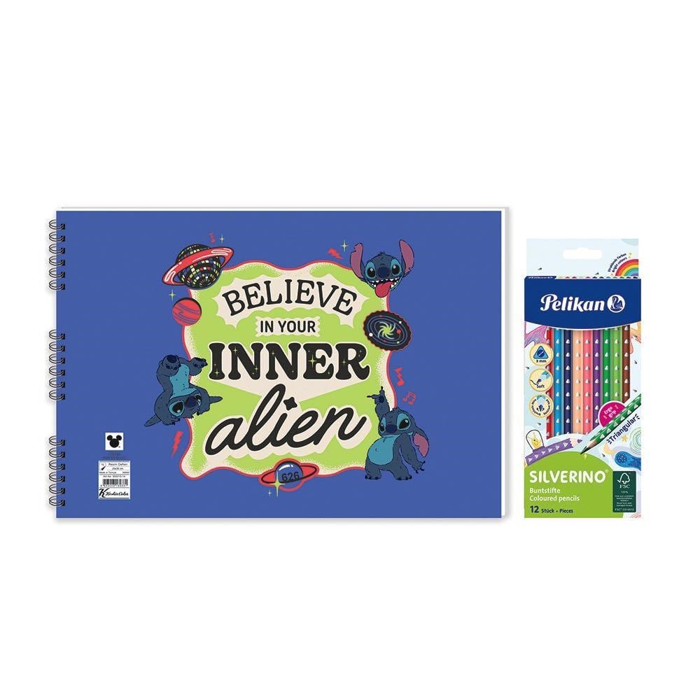 Lilo&Stitch 25*35 15 Yp. Spiralli Resim Defteri - Pelikan Silverino Üçgen Kuru Boya Kalemi 2'li Set 3
