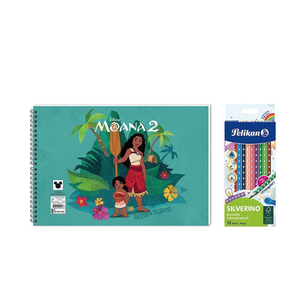 Moana 17*25 15 Yp. Spiralli Resim Defteri  -  Pelikan Silverino Üçgen Kuru Boya Kalemi 2'li Set 3