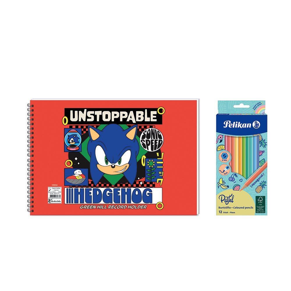 Sonic 17x25 Spiralli Resim Defteri - Pelikan Pastel Renkler 12'li Kuru Boya 2'li Set