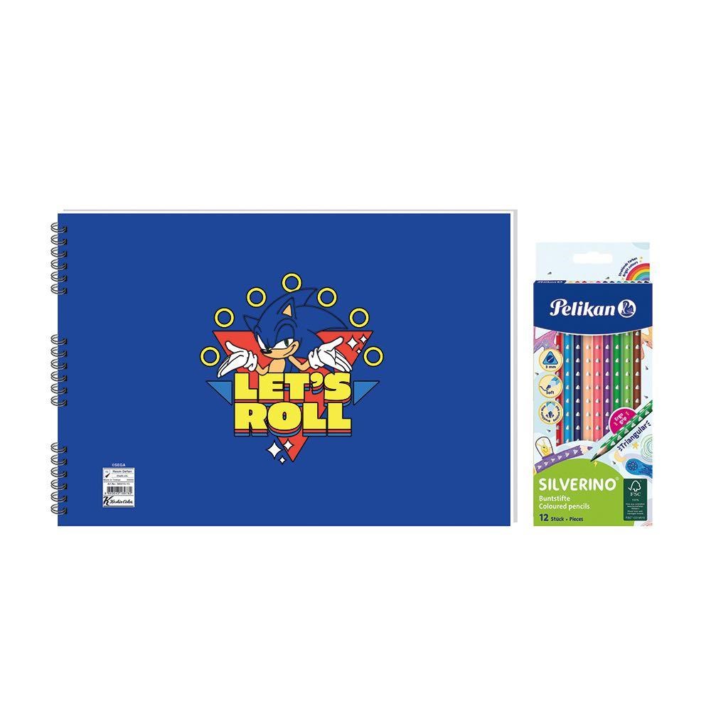 Sonic 25x35 Spiralli Resim Defteri - Pelikan Pastel Renkler 12'li Kuru Boya 2'li Set 