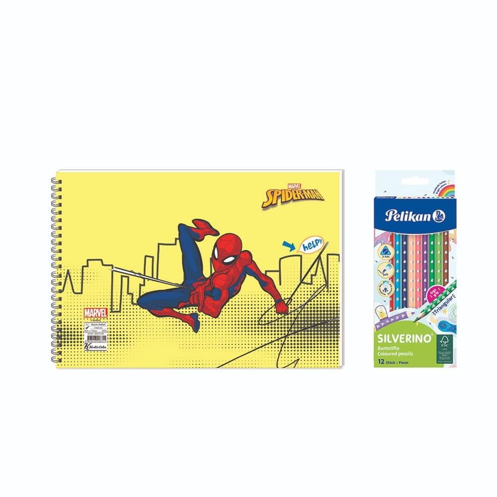 Spider-Man 17x25  Spiralli Resim Defteri  - Pelikan Silverino Üçgen Kuru Boya Kalemi 2'li Set