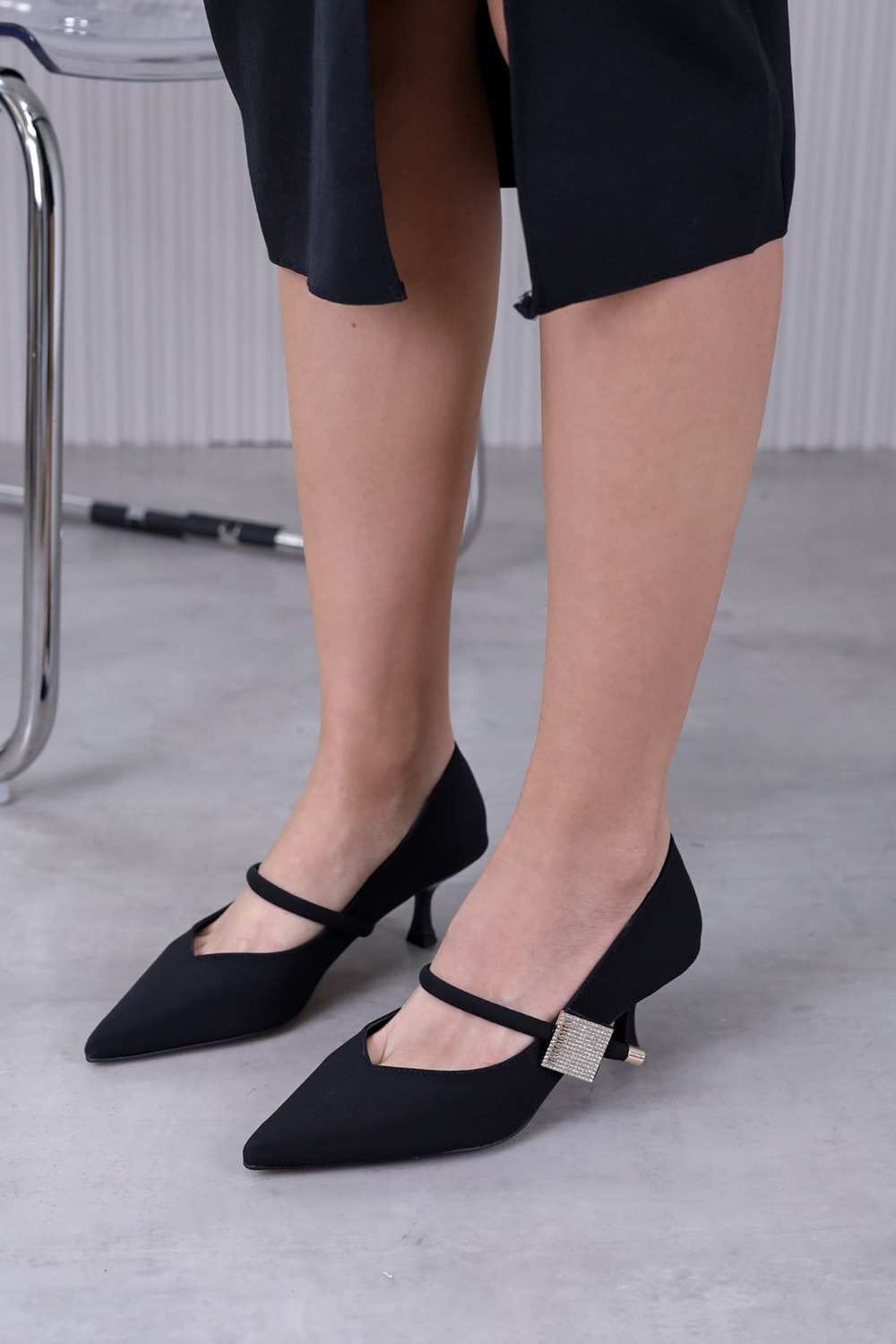 nimi model 5 cm topuklu yenisezon stiletto topuklu ayakabı SIY.SATEN