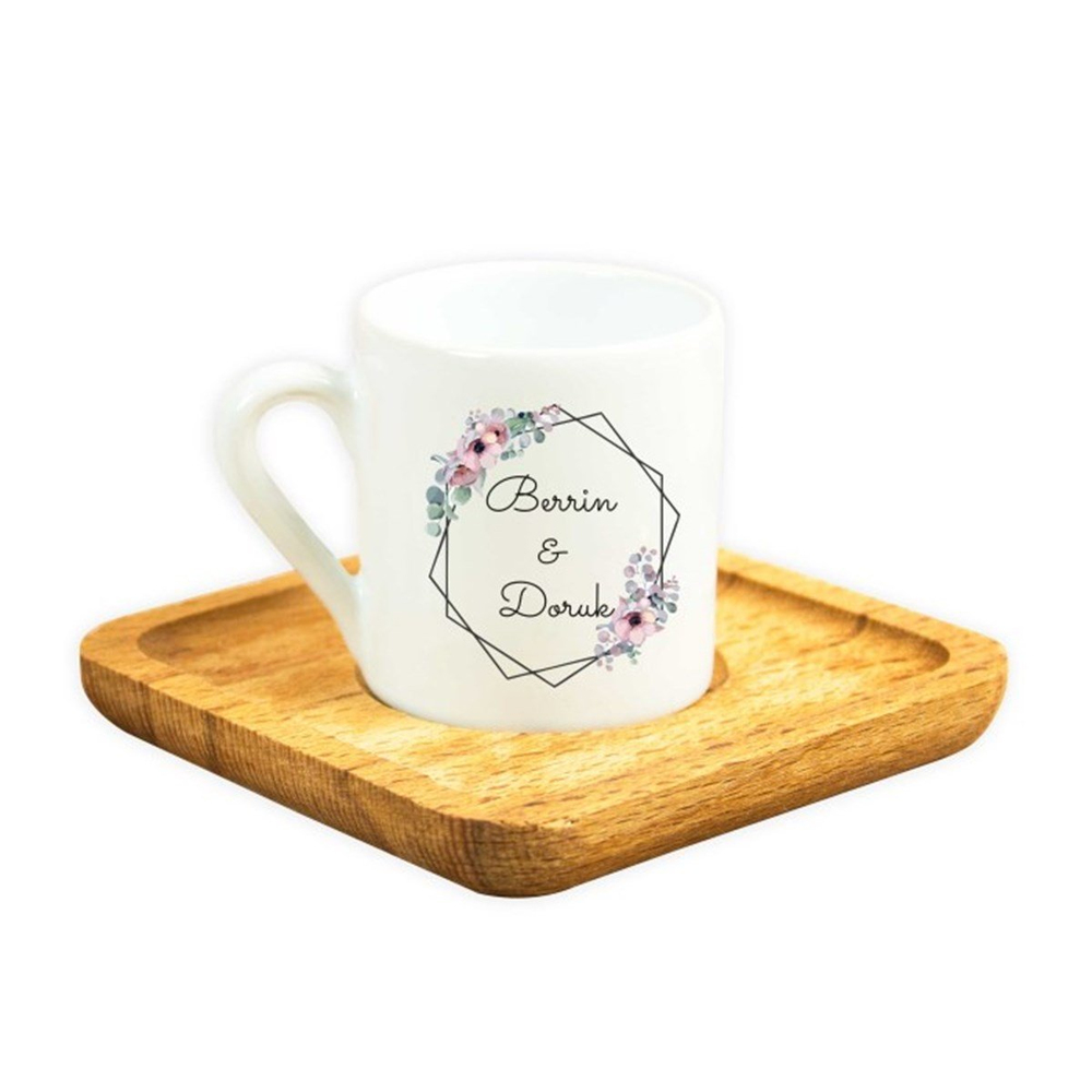 İsme Özel Ahşap Tepsili Fincan Seti - Çiçek Çerçeveli