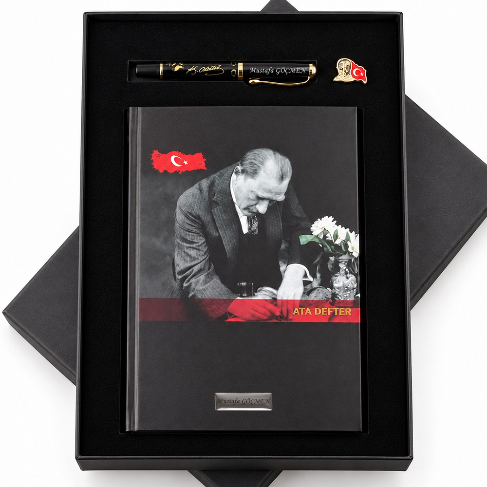 İsme Özel Atatürk Defter ve Roller Kalem Seti Tasarım Kutulu