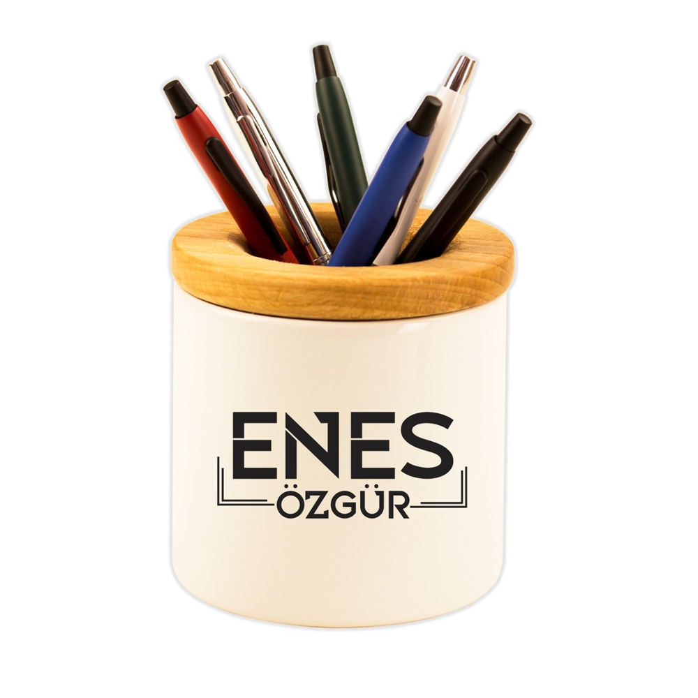 İsme Özel Çizgi Çerçeve Tasarımlı Ahşap Kapaklı Kalemlik