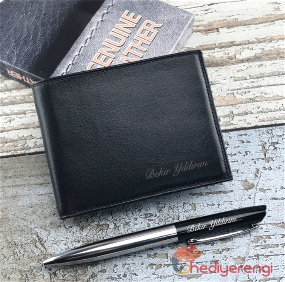 İsme Özel Deri Erkek Cüzdanı ve Kalem Seti Siyah