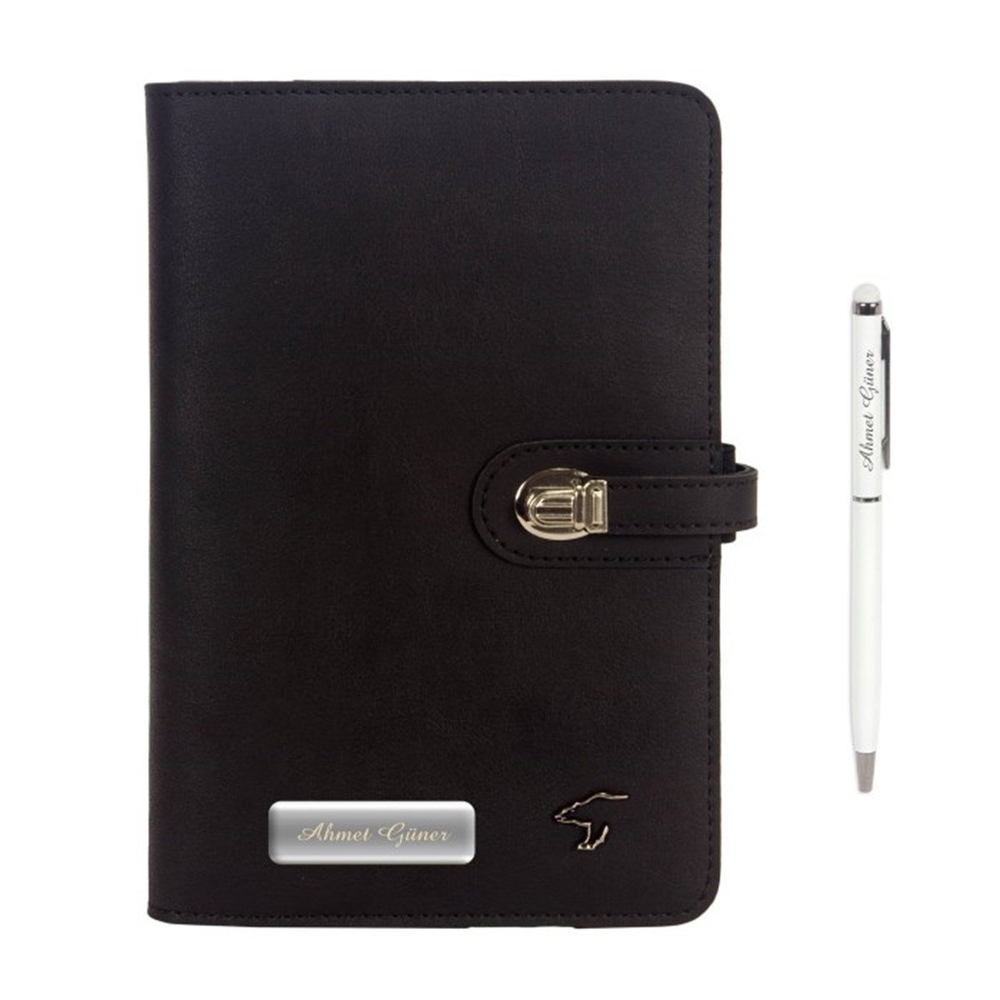 İsme Özel Deri Kapaklı Organizerli Defter ve Kalem Seti - Siyah
