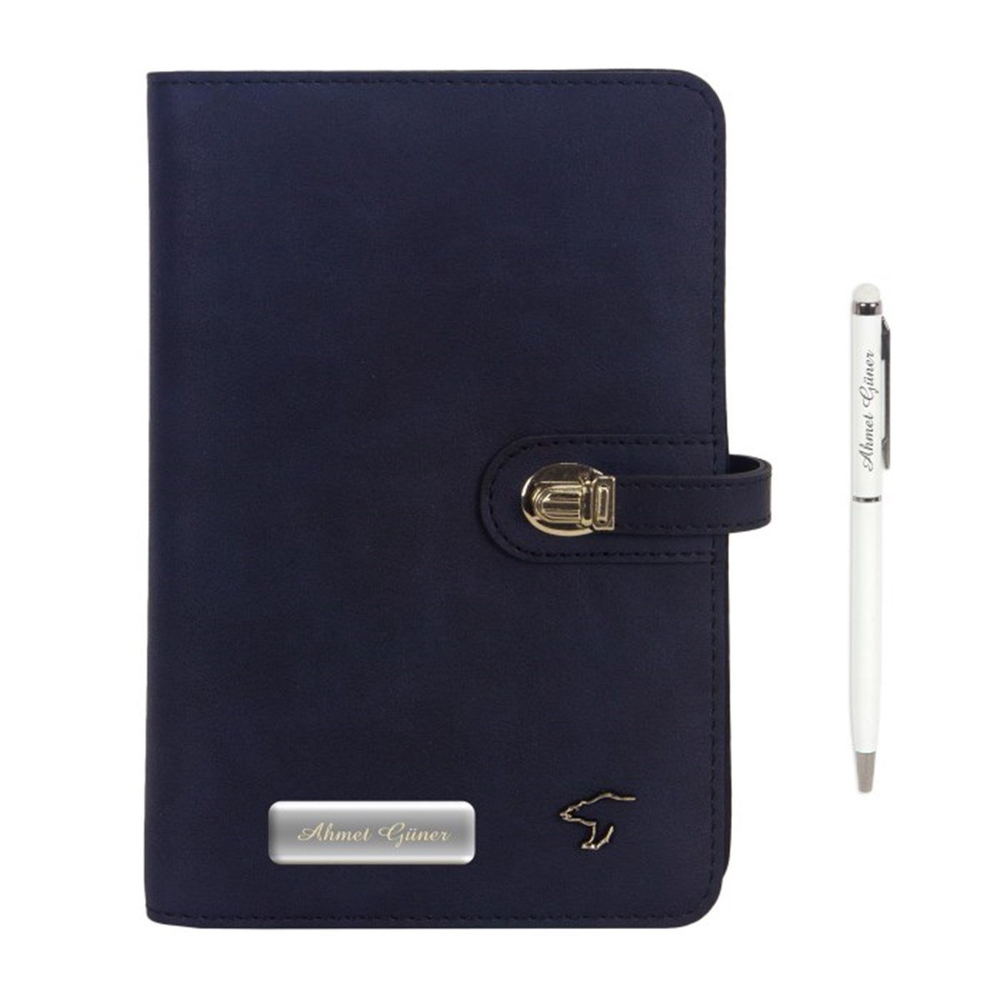 İsme Özel Deri Kapaklı Organizerli Defter ve Kalem Seti - Lacivert