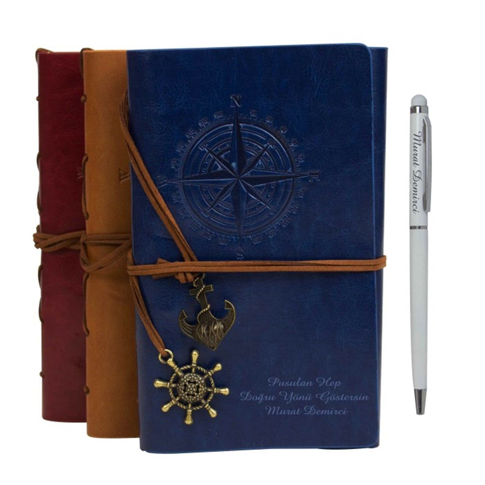 İsme Özel Deri Kapaklı Pusula Temalı Vintage Hatıra Defteri ve Kalem Seti M2