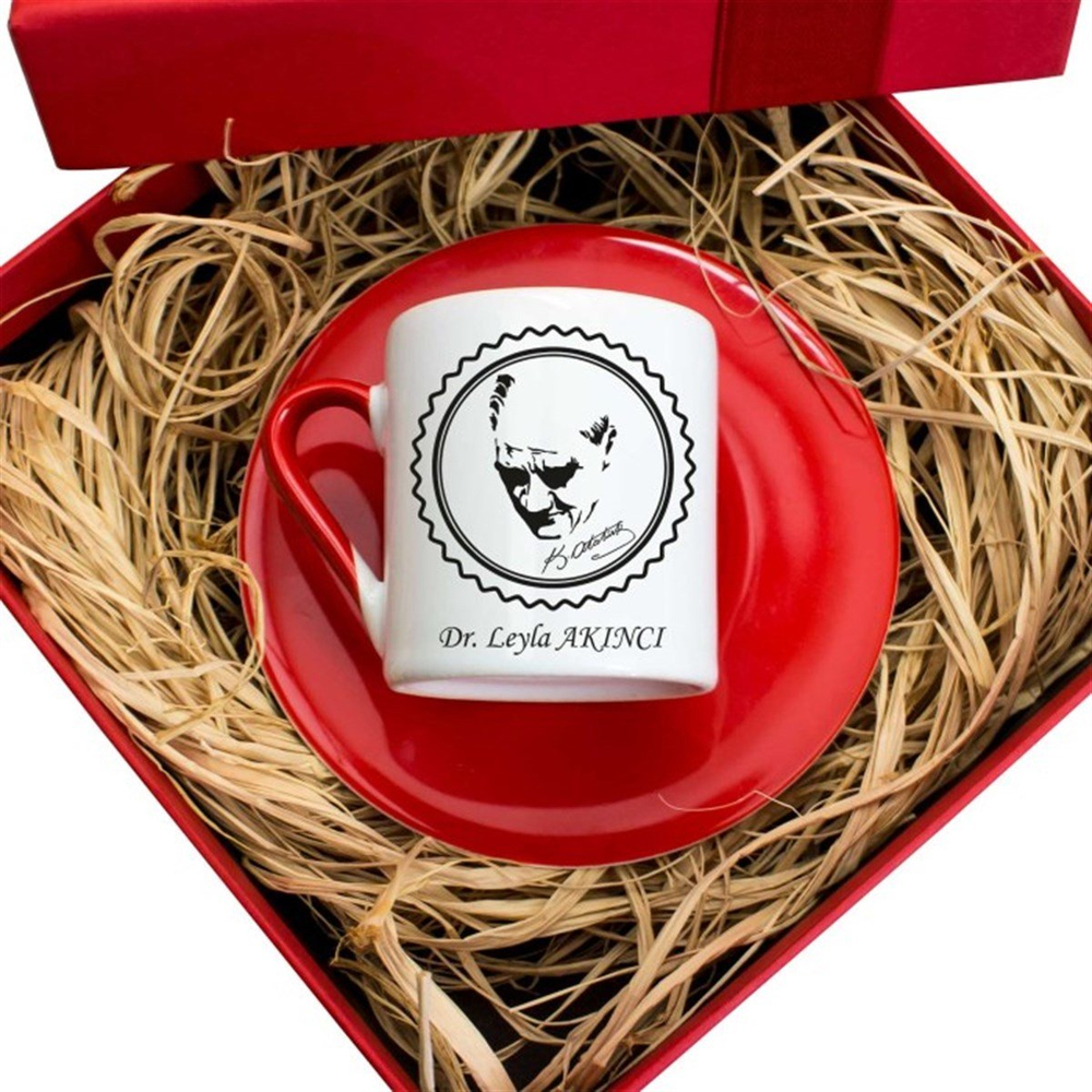 İsme Özel Hediyelik Türk Kahvesi Fincanı Seti Tasarım Kutulu - K. Atatürk M2