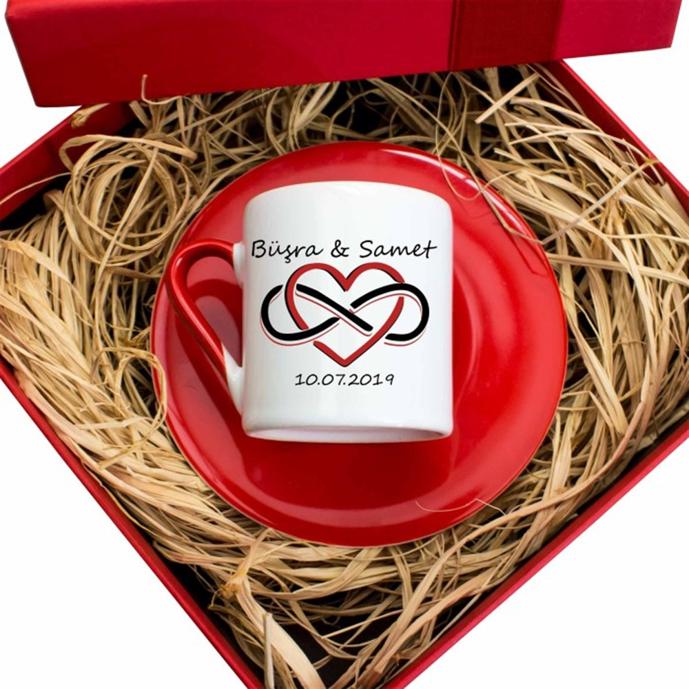 İsme Özel Hediyelik Türk Kahvesi Fincanı Seti Tasarım Kutulu - Kalpli Sonsuzluk