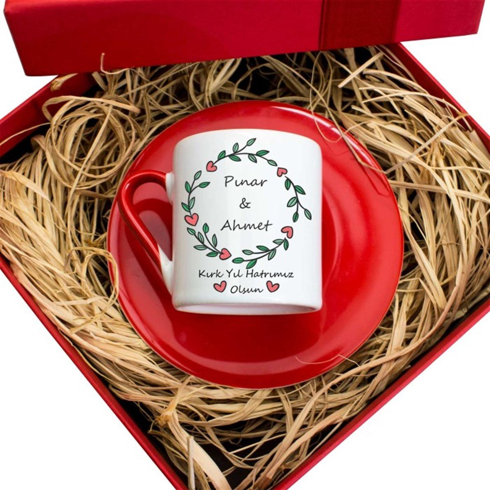 İsme Özel Hediyelik Türk Kahvesi Fincanı Seti Tasarım Kutulu - Kalpli Çerçeve