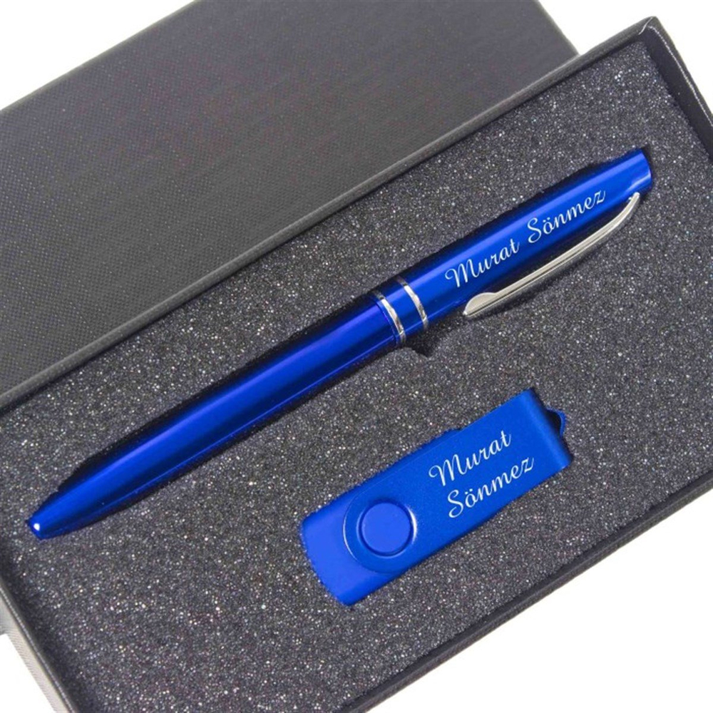 İsme Özel Kalem ve Usb Bellek Seti Özel Tasarım Kutulu Lacivert