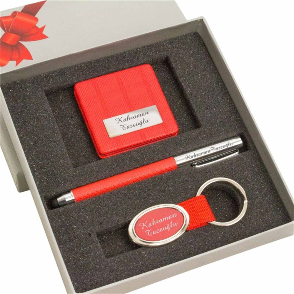 İsme Özel Kırmızı Ayna Roller Kalem ve Anahtarlık Seti Tasarım Kutulu
