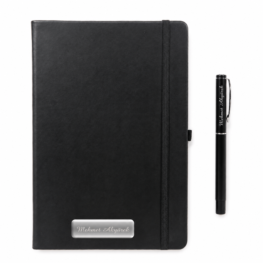 İsme Özel Lastikli Siyah Defter​ ve Siyah Kalem Seti