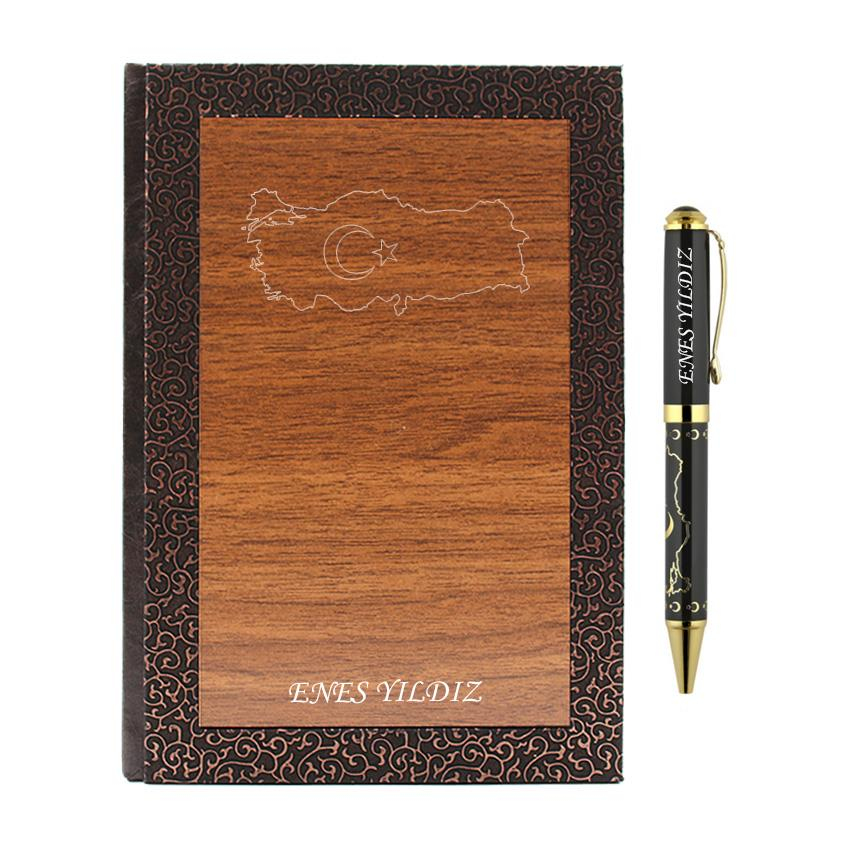 İsme Özel Lux Ahşap Defter ve Roller Kalem Seti - Türkiye Haritası Temalı