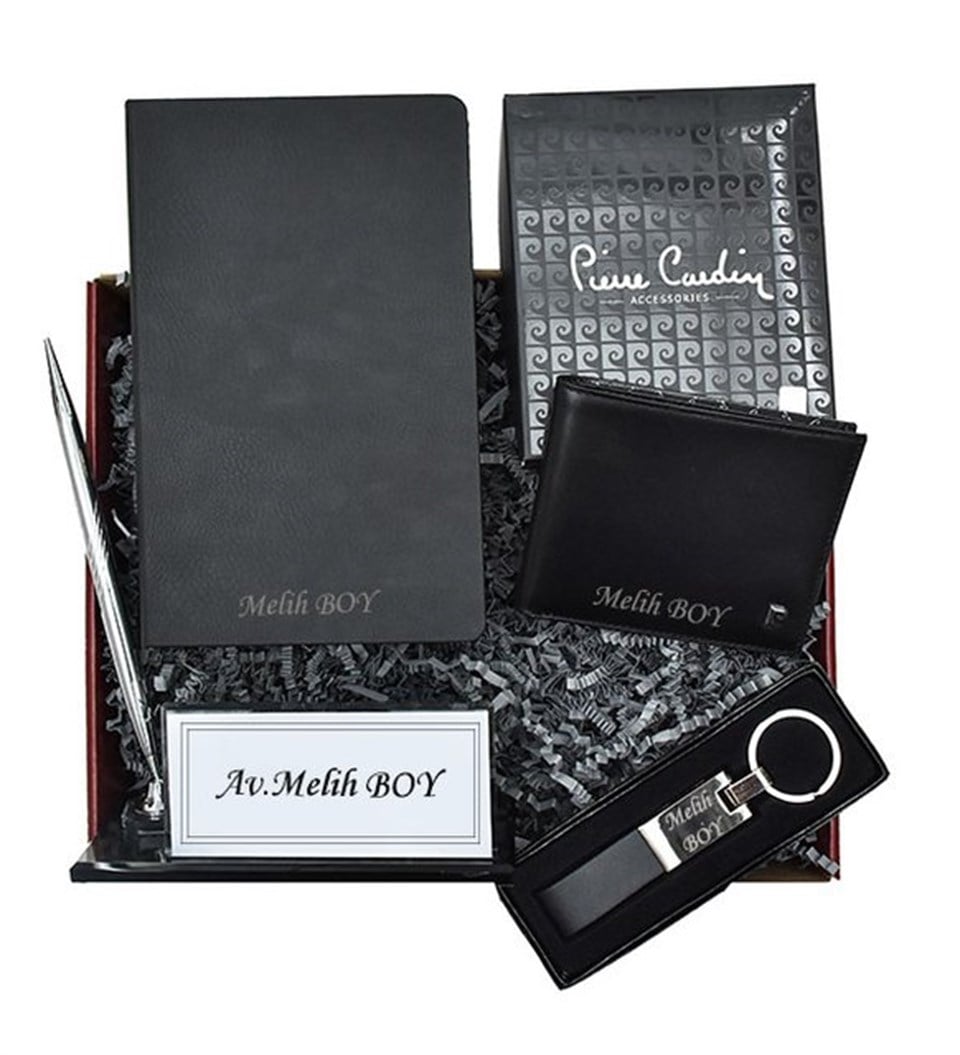 İsme Özel Lüx Defter Masaüstü Kristal İsimlik Pierre Cardin Cüzdan ve Anahtarlık Hediye Kutusu