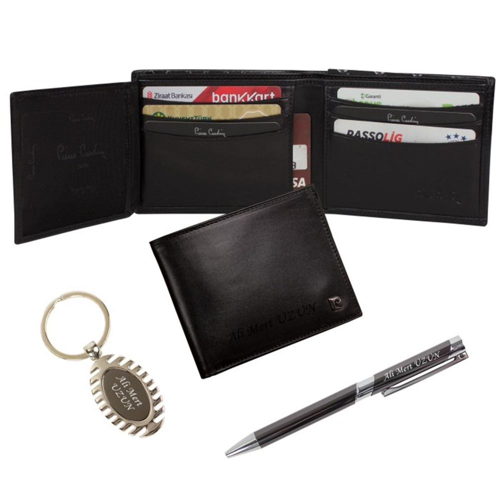 İsme Özel Pierre Cardin Deri Cüzdan Anahtarlık ve Kalem Seti P2361