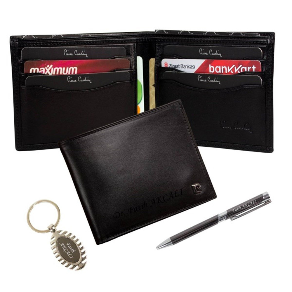 İsme Özel Pierre Cardin Deri Cüzdan Anahtarlık ve Kalem Seti P2368