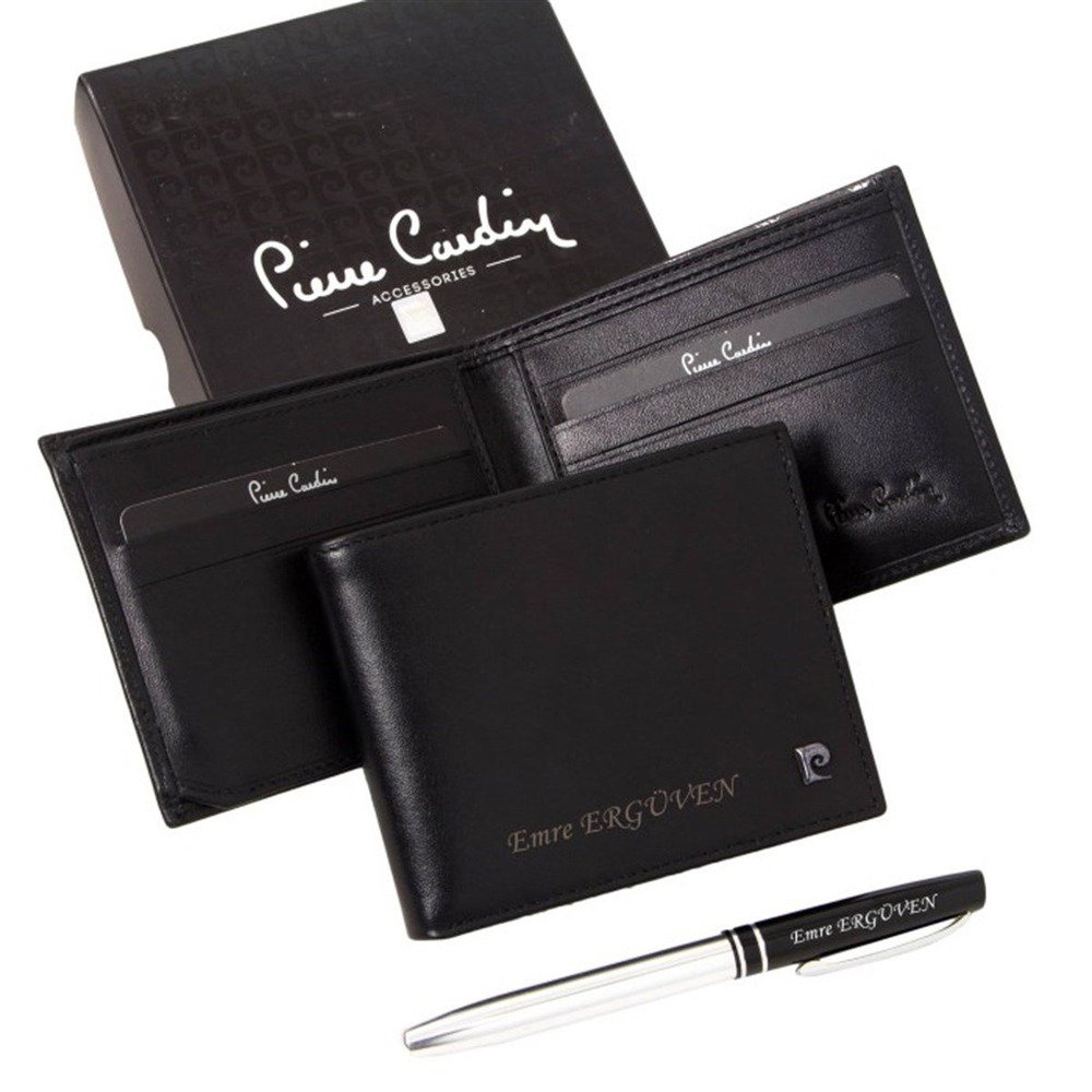 İsme Özel Pierre Cardin Deri Cüzdan ve Kalem Seti Siyah 2361S​