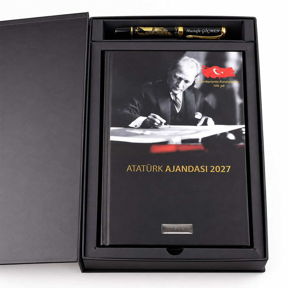 İsme Özel Premium 2027 Atatürk Ajandası ve Roller Kalem Seti-Atatürk Kutulu