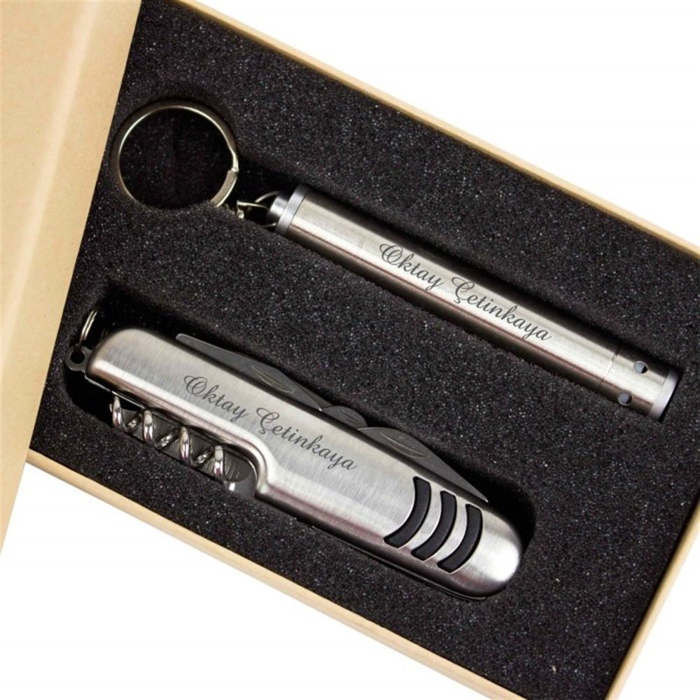 İsme Özel Premium Metal Çakı ve Fener Seti