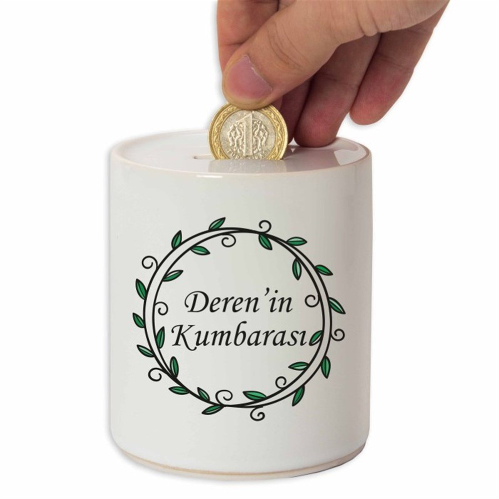 İsme Özel Seramik Kumbara - Yaprak Çerçeve