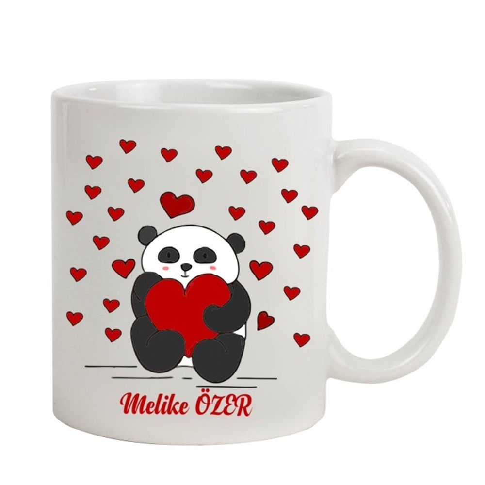 İsme Özel Tasarımlı Kupa Bardak - Kalpli Panda