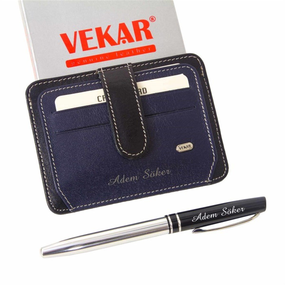 İsme Özel Vekar Deri Çıtlı Yeni Nesil Kartlık Cüzdan Lacivert Üzeri Siyah V03