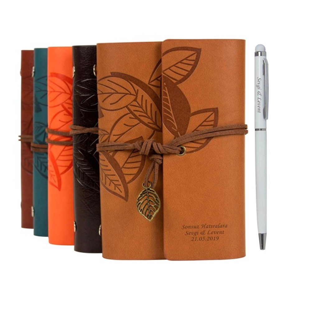 İsme Özel Yaprak Baskılı Renkli Hatıra Defteri ve Kalem Seti Orta Boy
