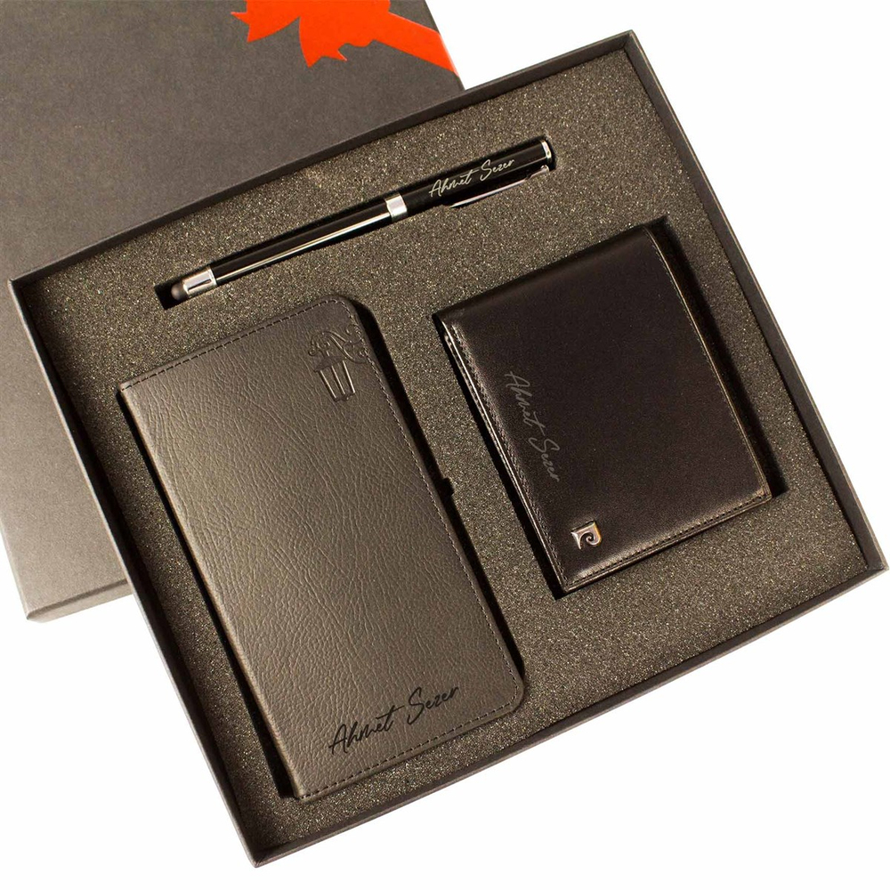 Kişiye Özel Pierre Cardin Deri Cüzdan Kalem ve Defter Seti P075