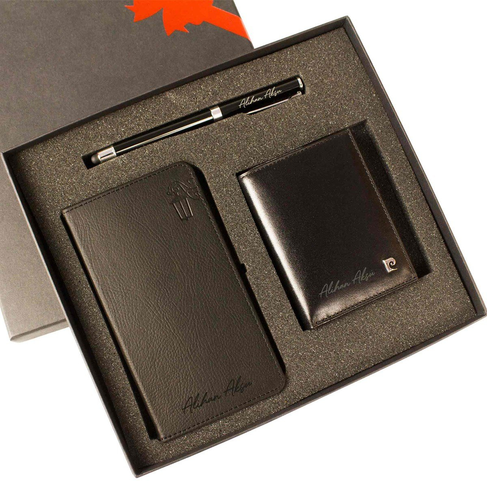Kişiye Özel Pierre Cardin Deri Cüzdan Kalem ve Defter Seti P032