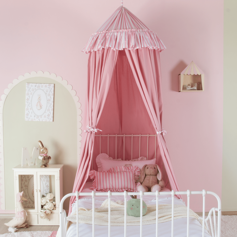 PEMBE ÇİZGİLİ FIRFIR DETAYLI PEMBE PAMUKLU CİBİNLİK