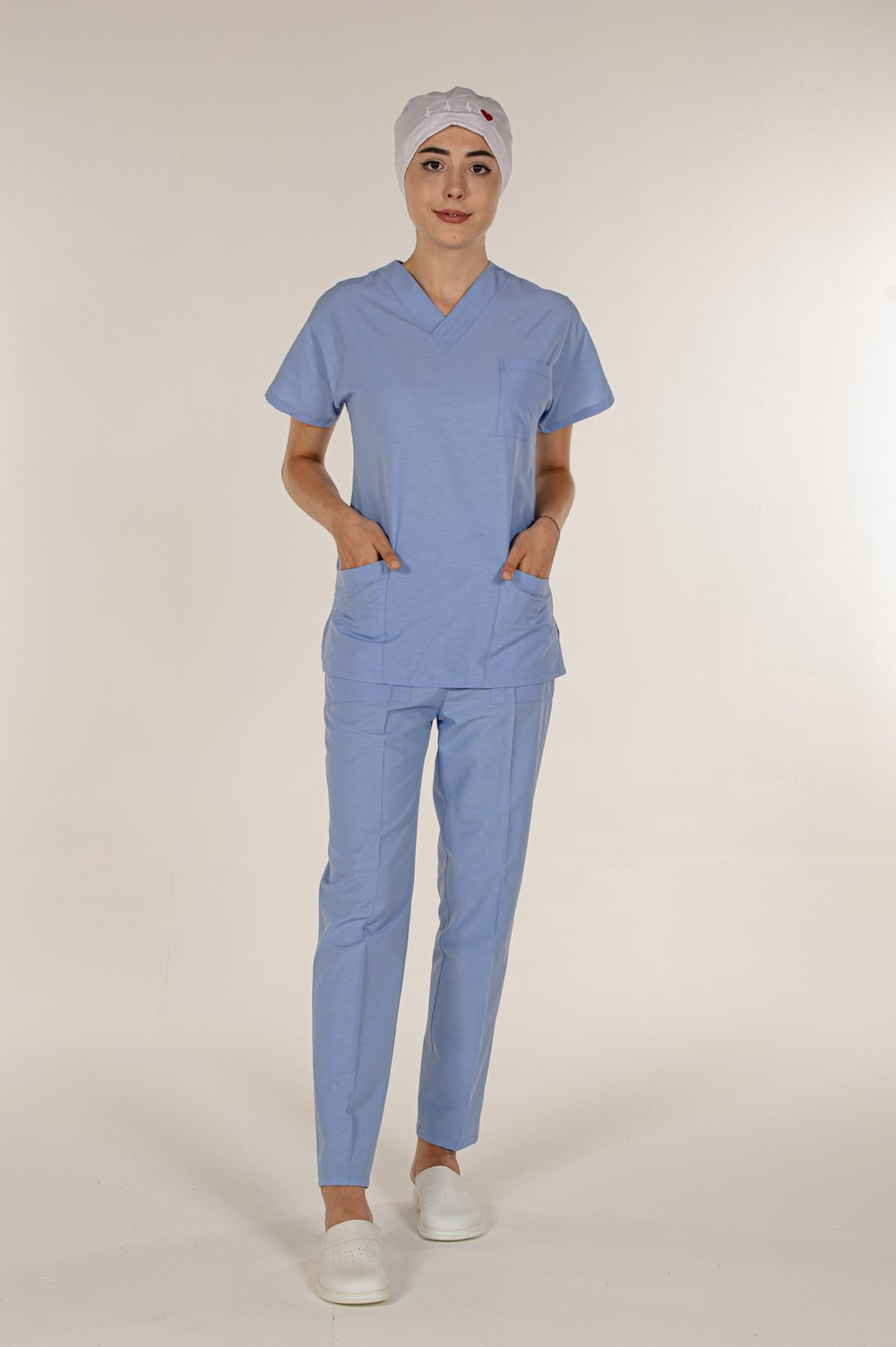 Açık Mavi Kadın Medikal Doktor Hemşire Forma Scrubs Yaka Takım