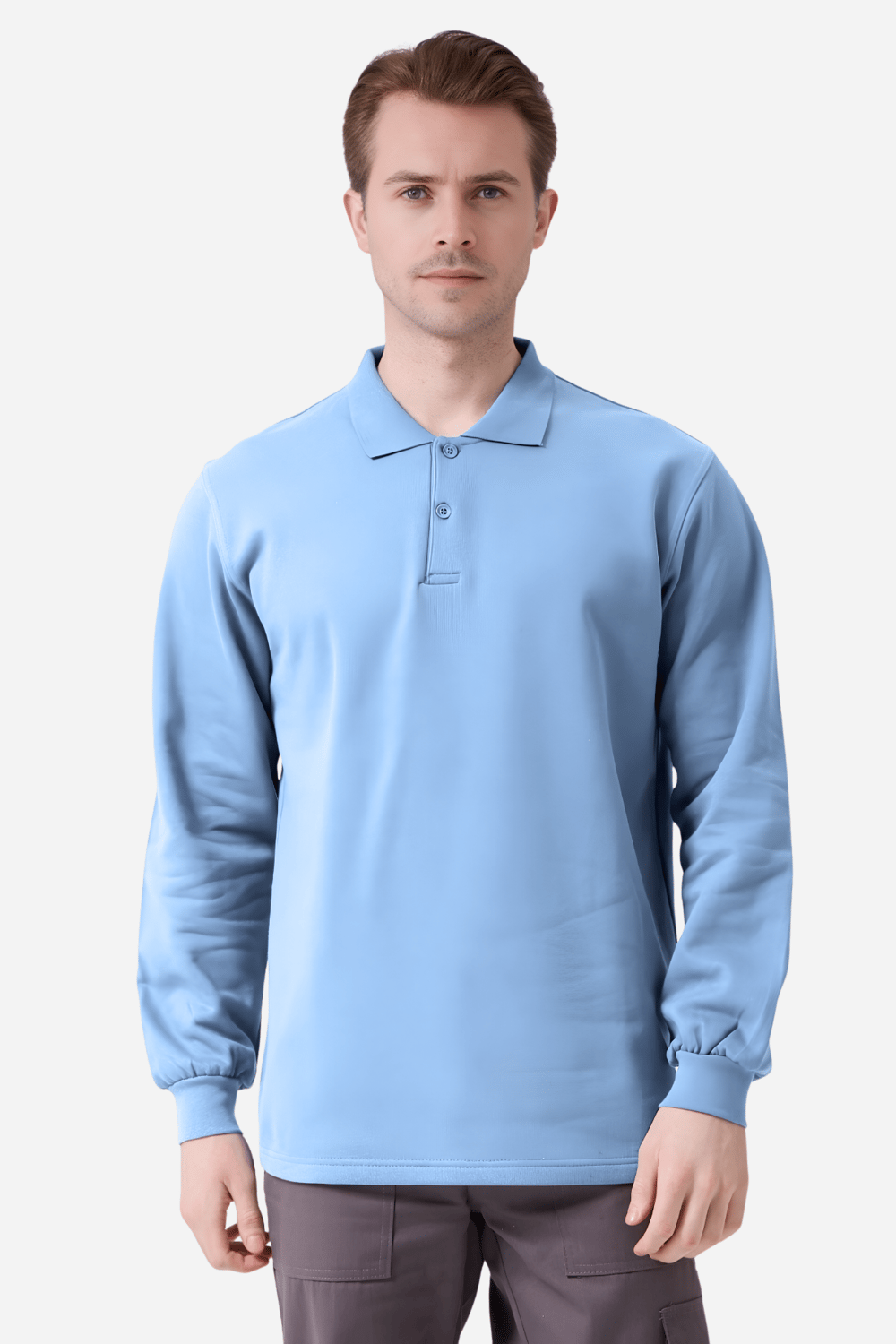 Açık Mavi Pamuklu Ve Uzun Kollu Kışlık Kadın/Erkek Unisex Polo Yaka Sweatshirt