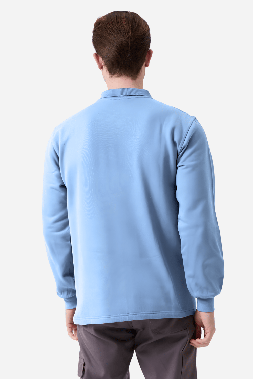 Açık Mavi Pamuklu Ve Uzun Kollu Kışlık Kadın/Erkek Unisex Polo Yaka Sweatshirt