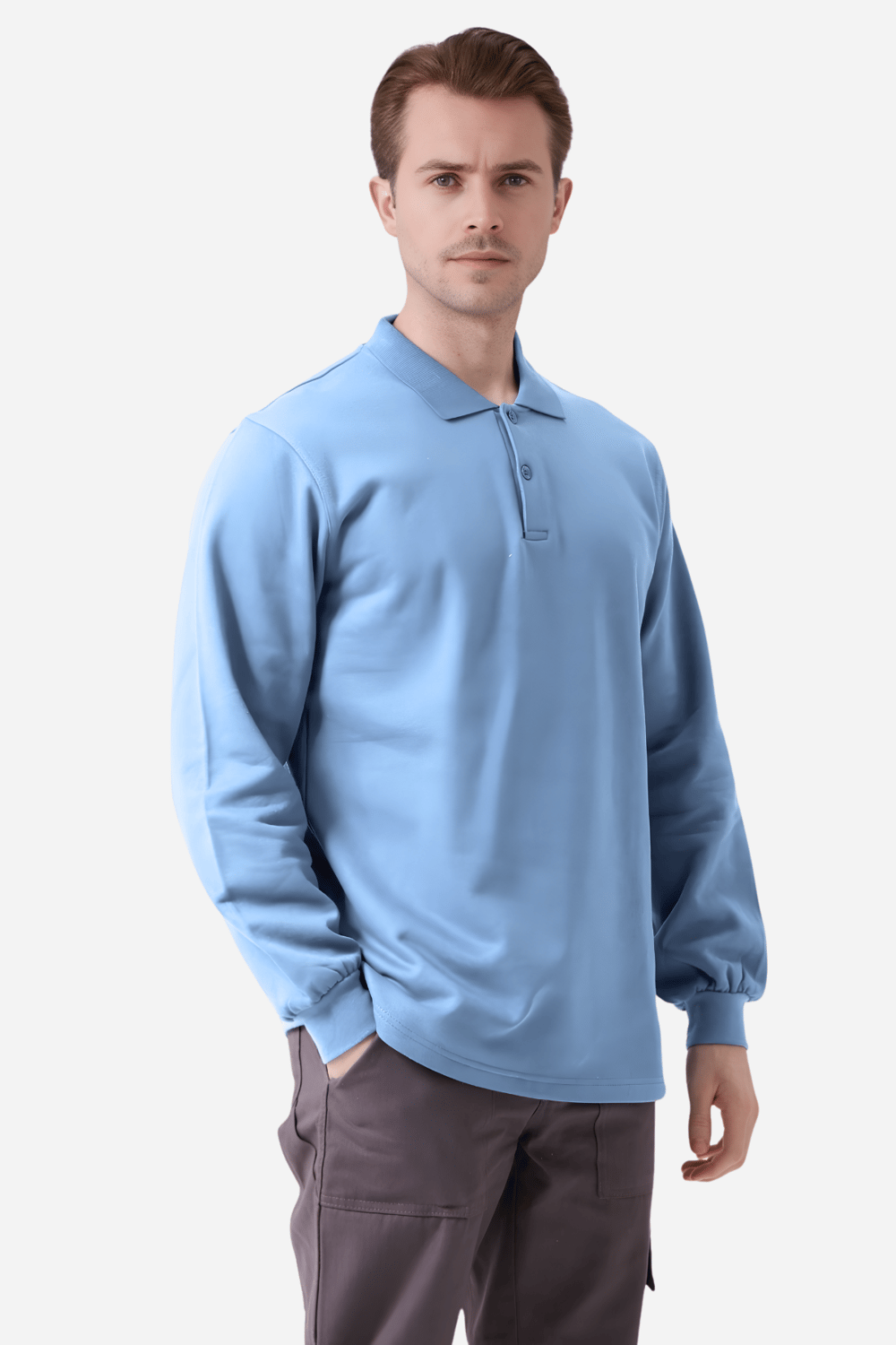 Açık Mavi Pamuklu Ve Uzun Kollu Kışlık Kadın/Erkek Unisex Polo Yaka Sweatshirt