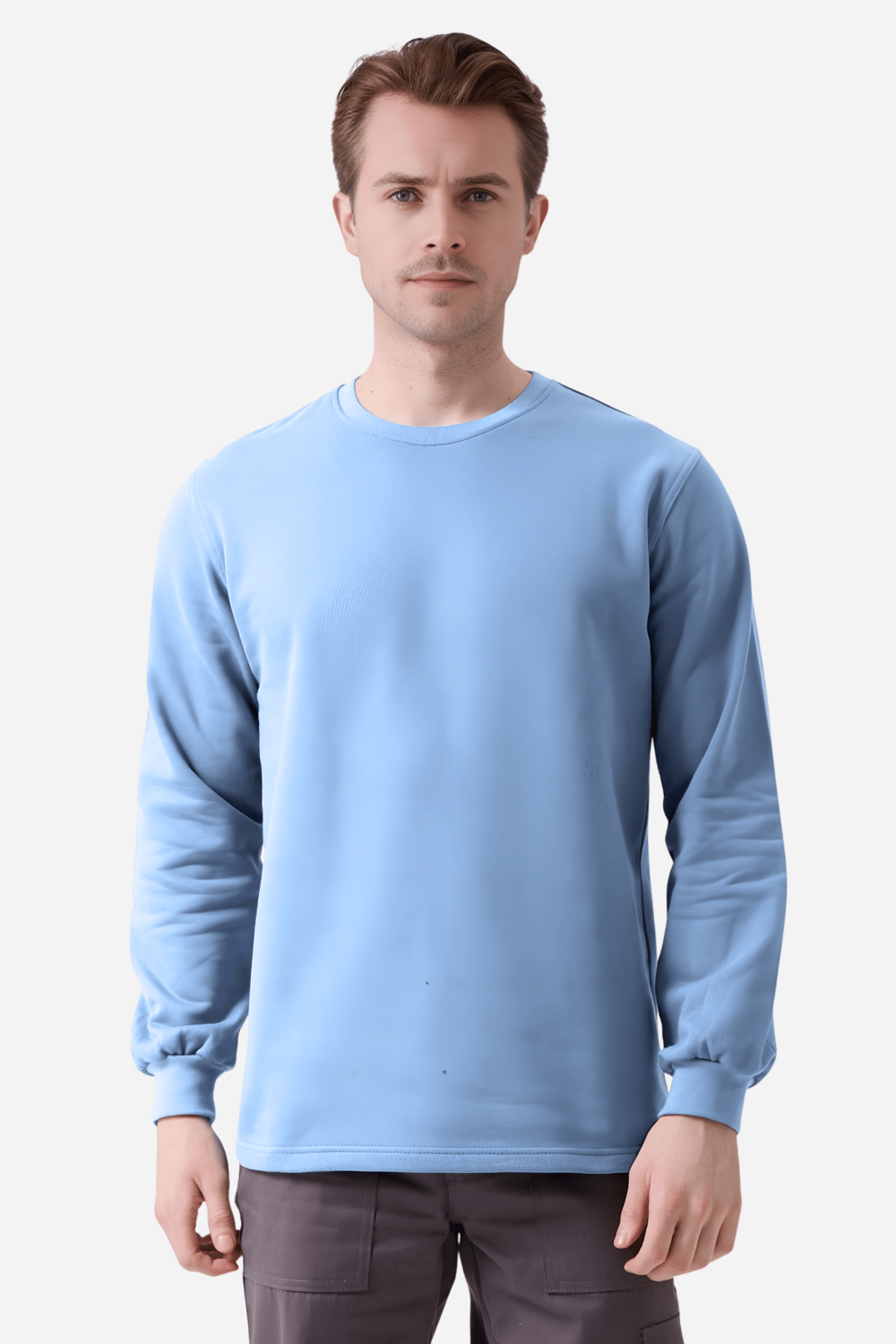 Açık Mavi Pamuklu Ve Uzun Kollu Kışlık Kadın/Erkek Unisex O/Bisiklet Yaka Sweatshirt