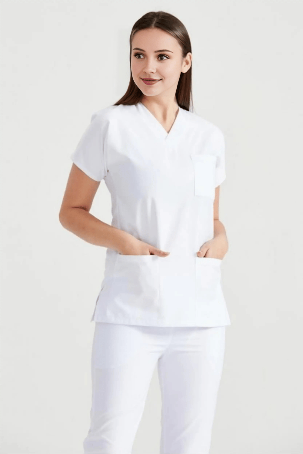 Beyaz Likralı Medikal Doktor Hemşire Kadın/Erkek Unisex Scrubs Yaka Forma Takım