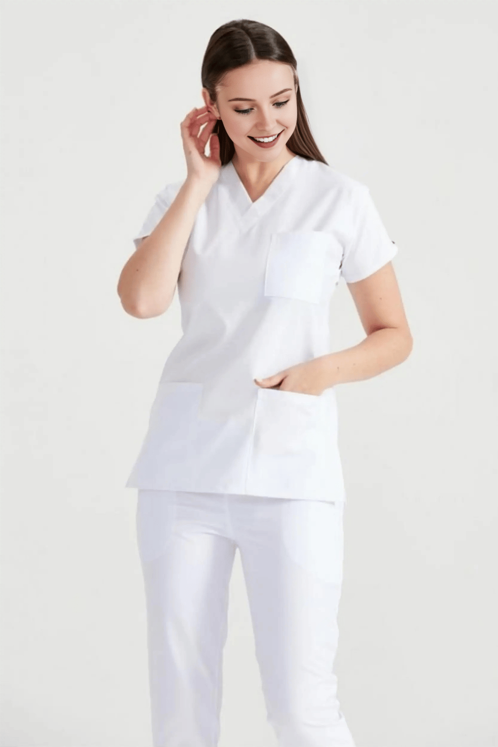 Beyaz Likralı Medikal Doktor Hemşire Kadın/Erkek Unisex Scrubs Yaka Forma Takım