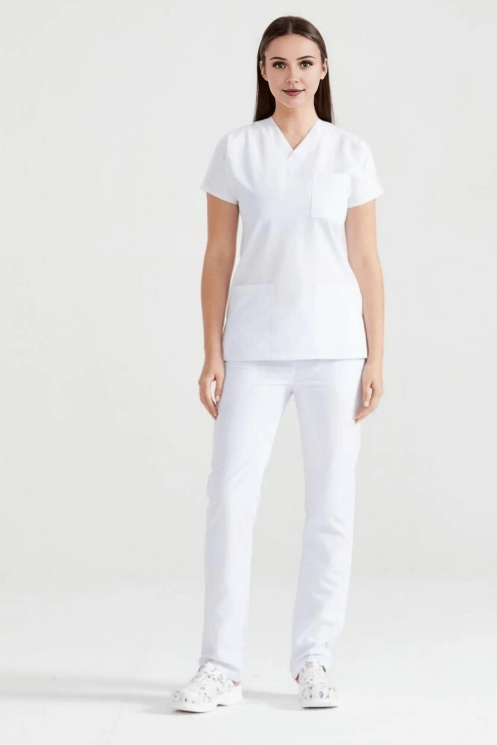 Beyaz Likralı Medikal Doktor Hemşire Kadın/Erkek Unisex Scrubs Yaka Forma Takım