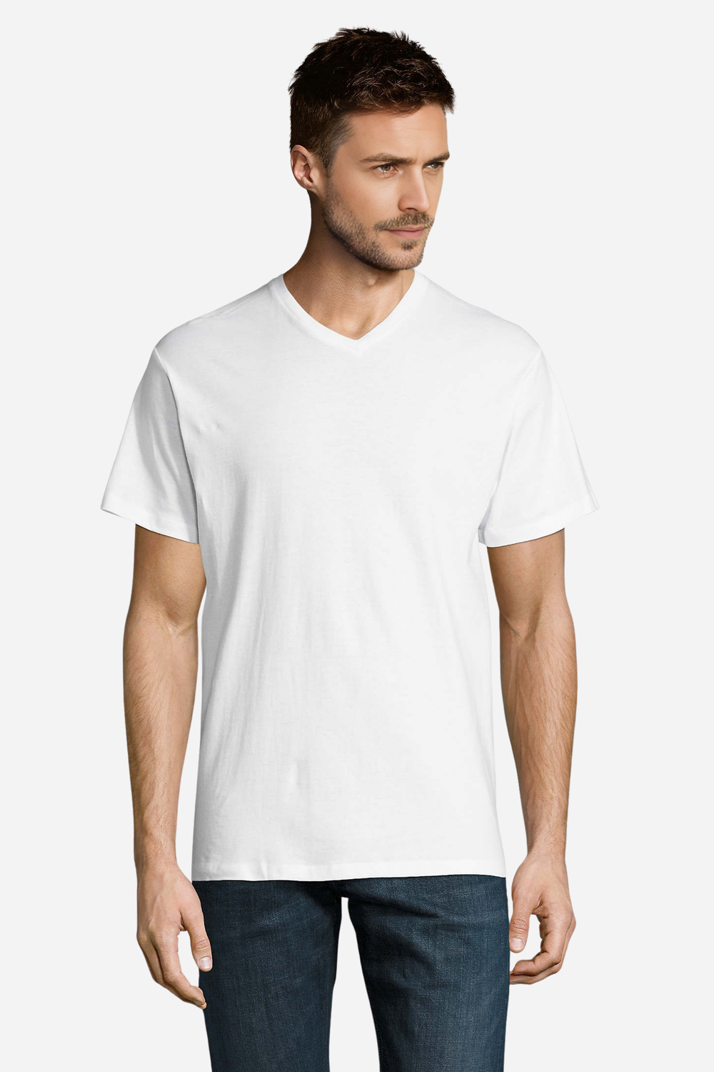 Beyaz Pamuklu ve Kısa Kollu Kadın/Erkek Unisex V Yaka Tişört