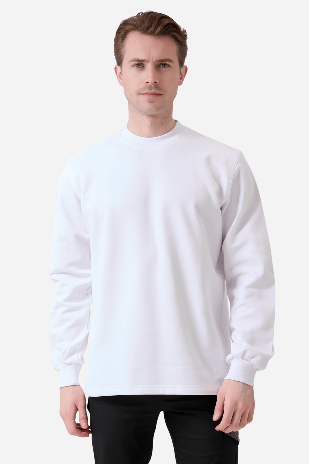Beyaz Pamuklu Ve Uzun Kollu Kışlık Kadın/Erkek Unisex O/Bisiklet Yaka Sweatshirt