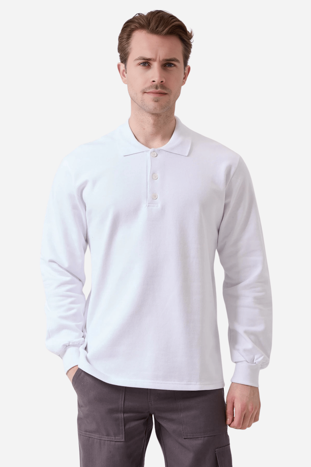 Beyaz Pamuklu Ve Uzun Kollu Kışlık Kadın/Erkek Unisex Polo Yaka Sweatshirt