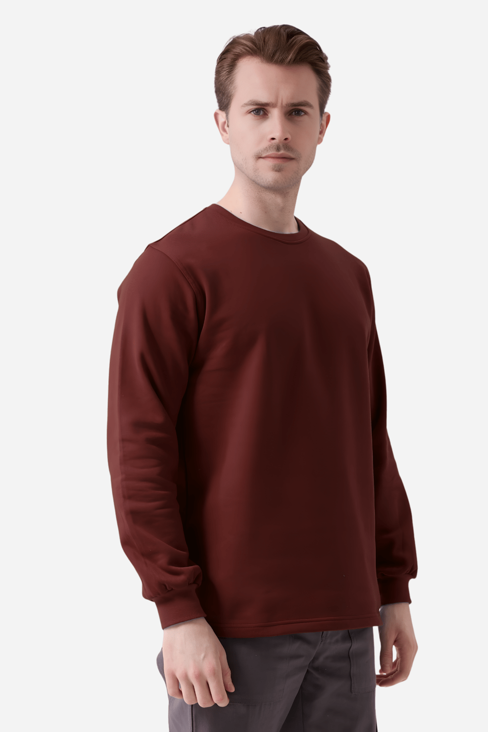 Bordo Pamuklu Ve Uzun Kollu Kışlık Kadın/Erkek Unisex O/Bisiklet Yaka Sweatshirt