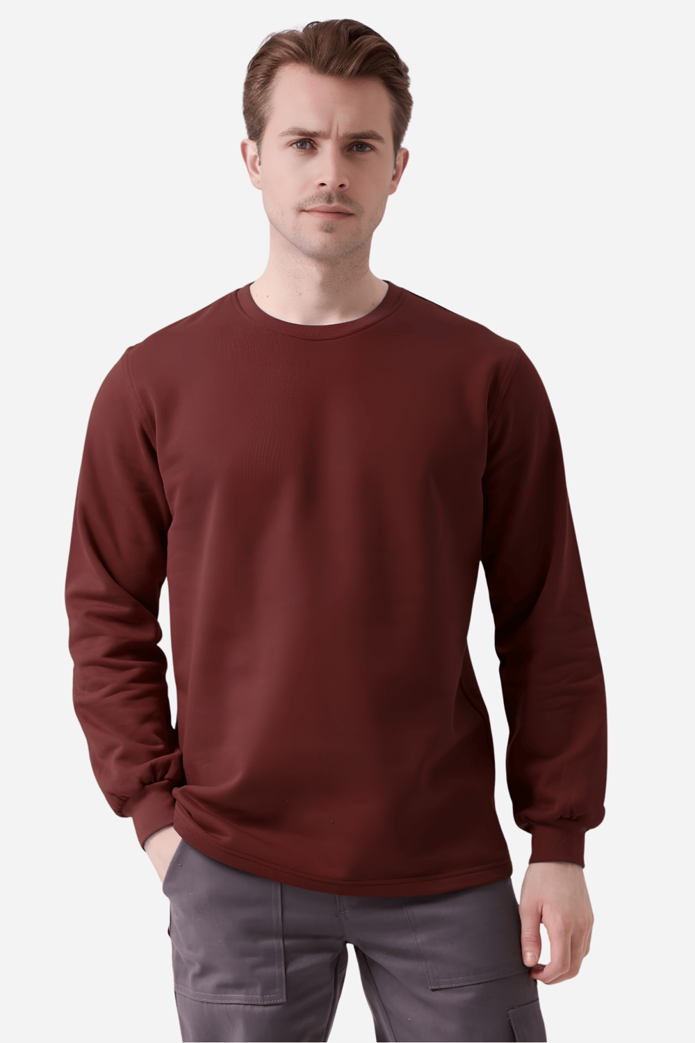 Bordo Pamuklu Ve Uzun Kollu Kışlık Kadın/Erkek Unisex O/Bisiklet Yaka Sweatshirt