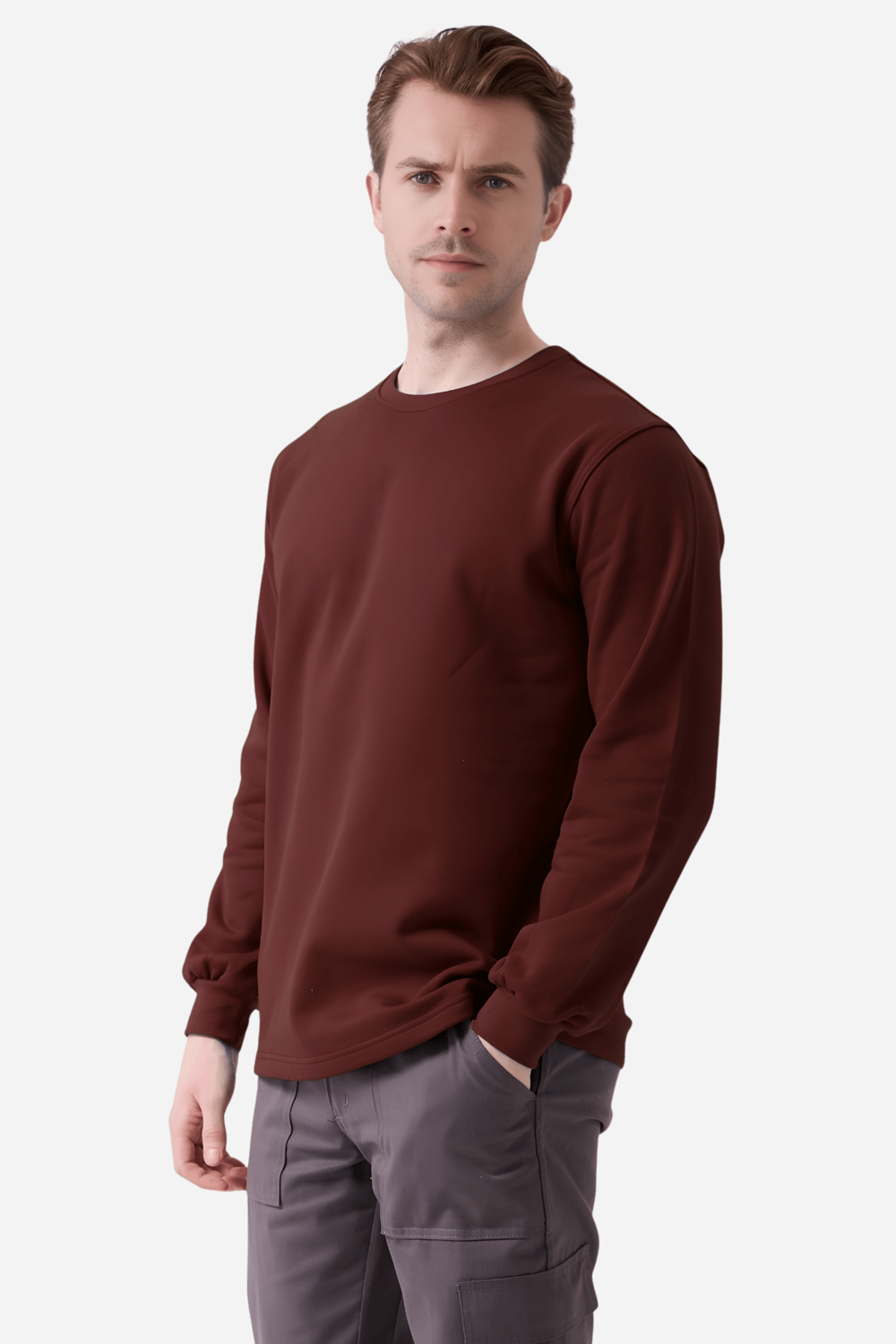Bordo Pamuklu Ve Uzun Kollu Kışlık Kadın/Erkek Unisex O/Bisiklet Yaka Sweatshirt