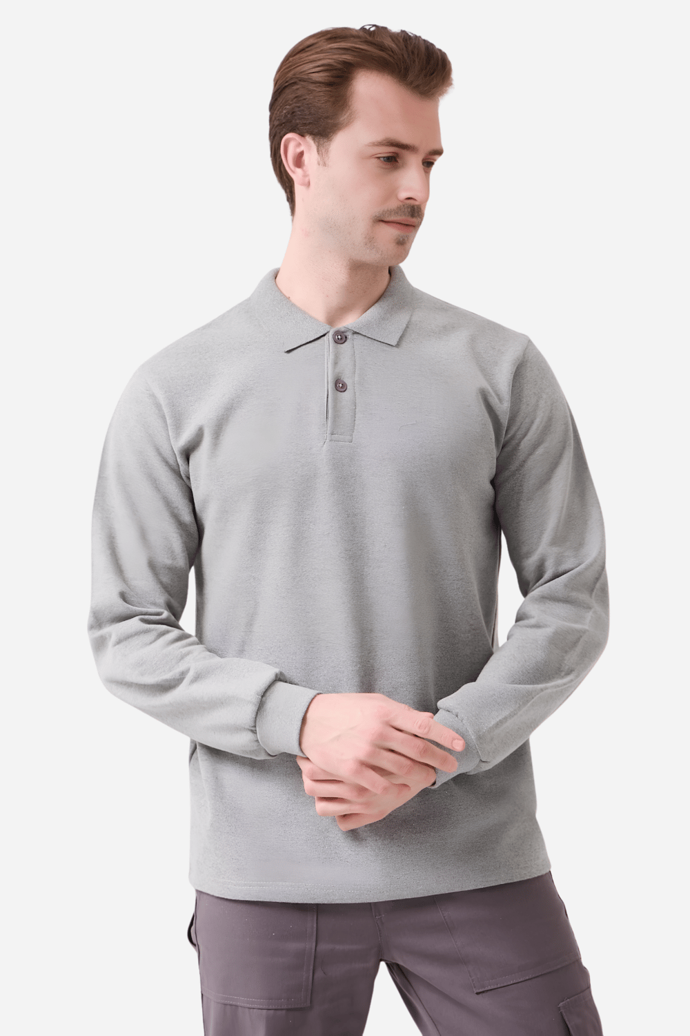 Gri Pamuklu Ve Uzun Kollu Kışlık Kadın/Erkek Unisex Polo Yaka Sweatshirt