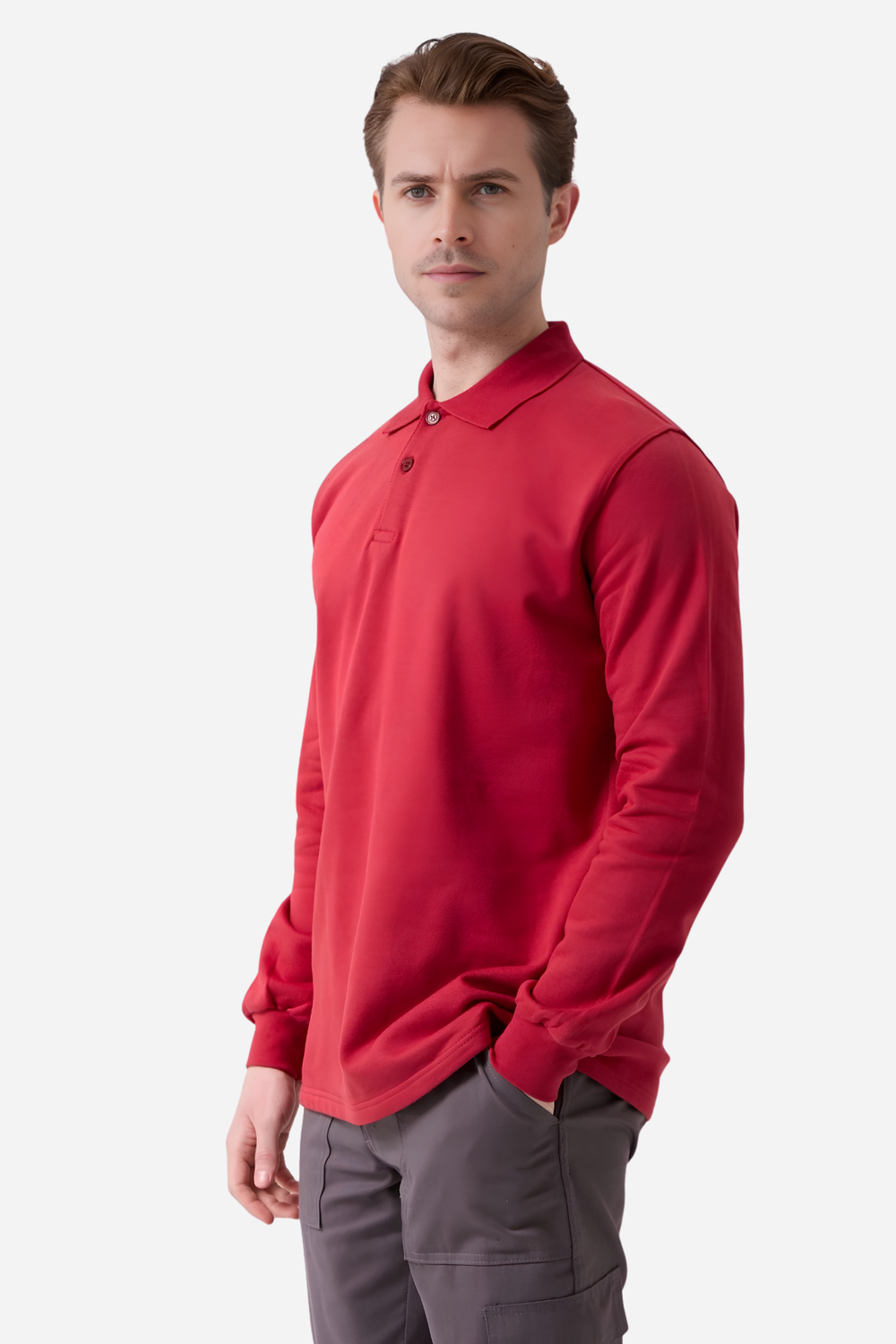 Kırmızı Pamuklu Ve Uzun Kollu Kışlık Kadın/Erkek Unisex Polo Yaka Sweatshirt