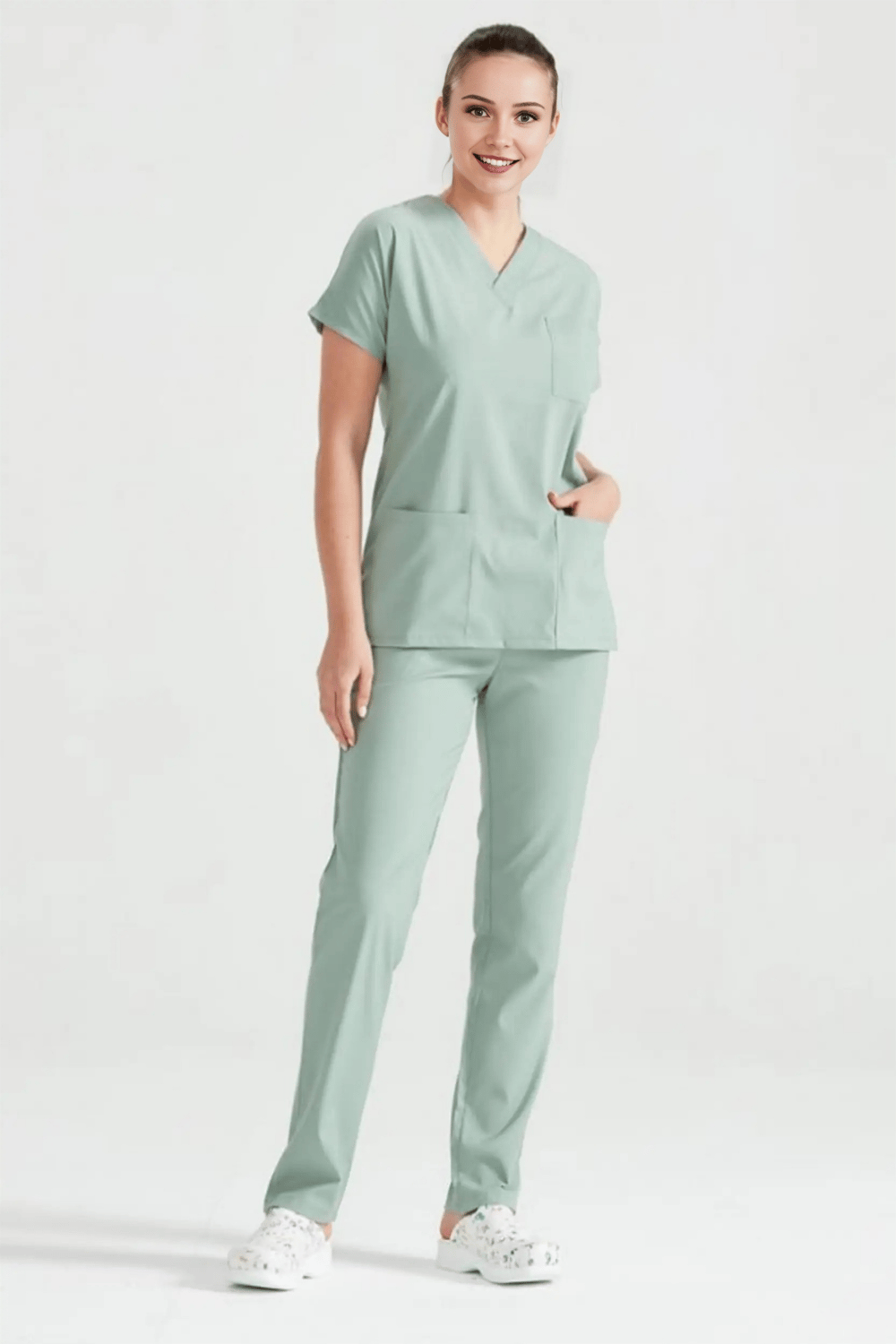 Küf Yeşili Likralı Medikal Doktor Hemşire Kadın/Erkek Unisex Scrubs Yaka Forma Takım